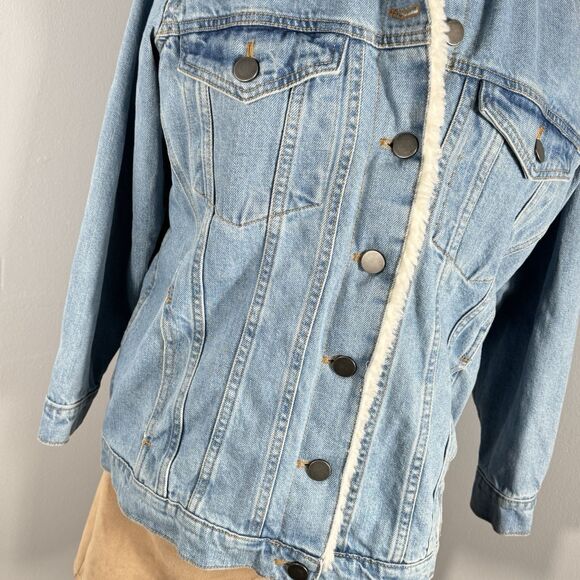 Asos Sz 2 Oversized Sherpa Neckline Faux Fur Trucker Jean Borg Denim Jacket - Picture 3 of 13
